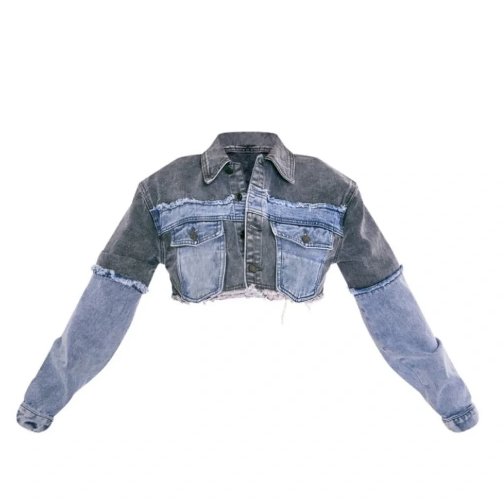 NWT PrettyLittleThing Washed Grey Double Layered Denim Cropped Jacket US Size 8 - Picture 2 of 14